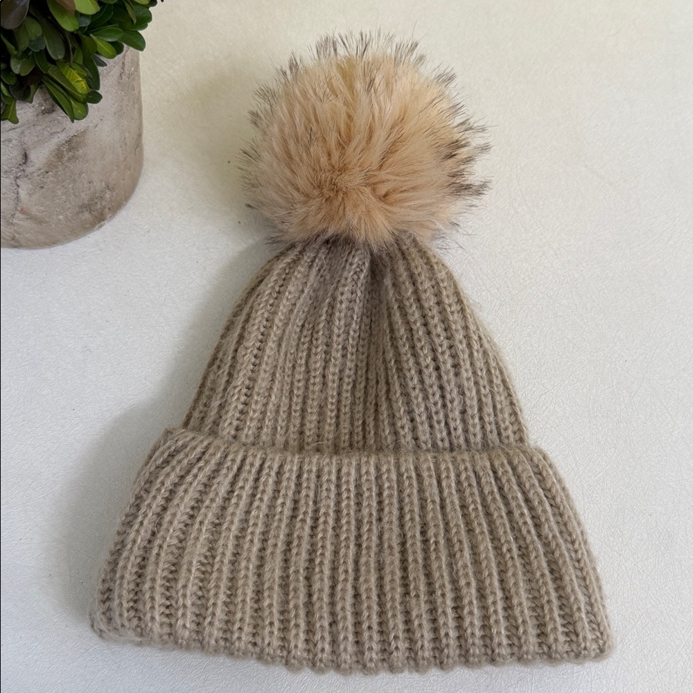 Zara Cozy Tan Knit Beanie with Faux Fur Pom